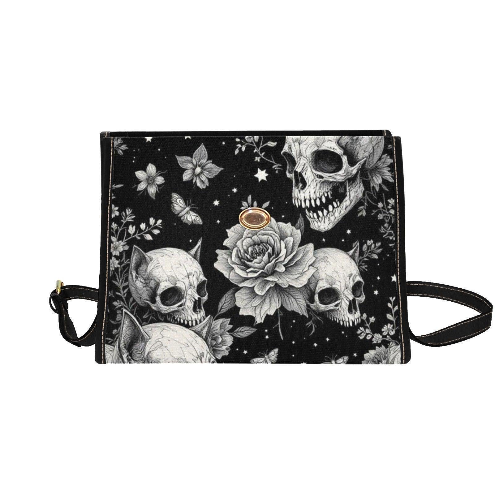 Rose skull pattern satchel, black floral crossbody purse, eerie butterfly print handbag