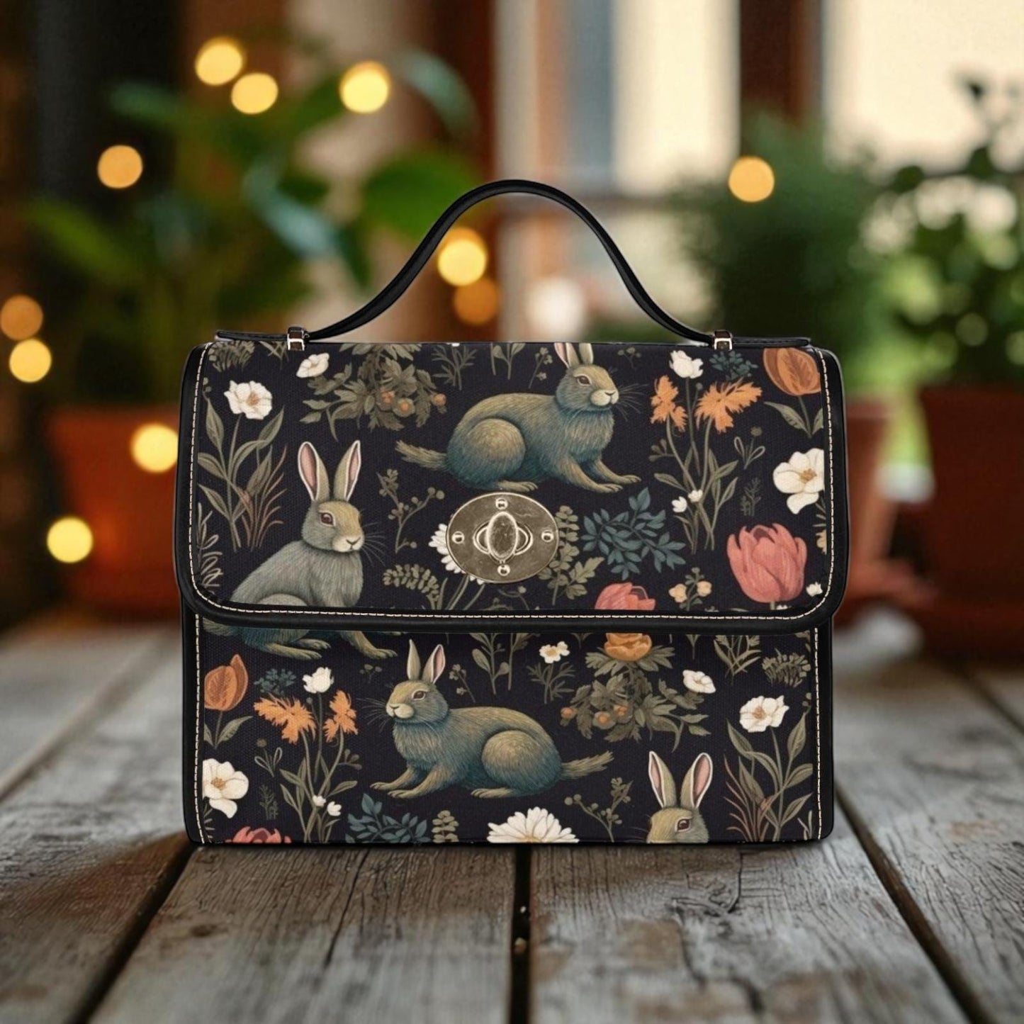 Rabbit and Wildflower Field Handbag, Cottagecore Crossbody, Enchanted Forest Purse, Spring Floral Bag