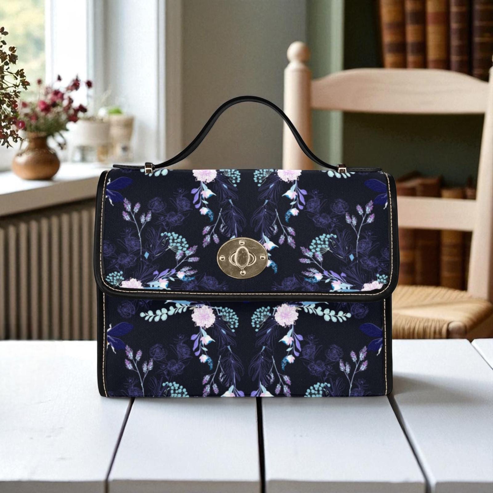 Bee Crossbody Purse, Night Garden Handbag, Dark Floral Statement Bag