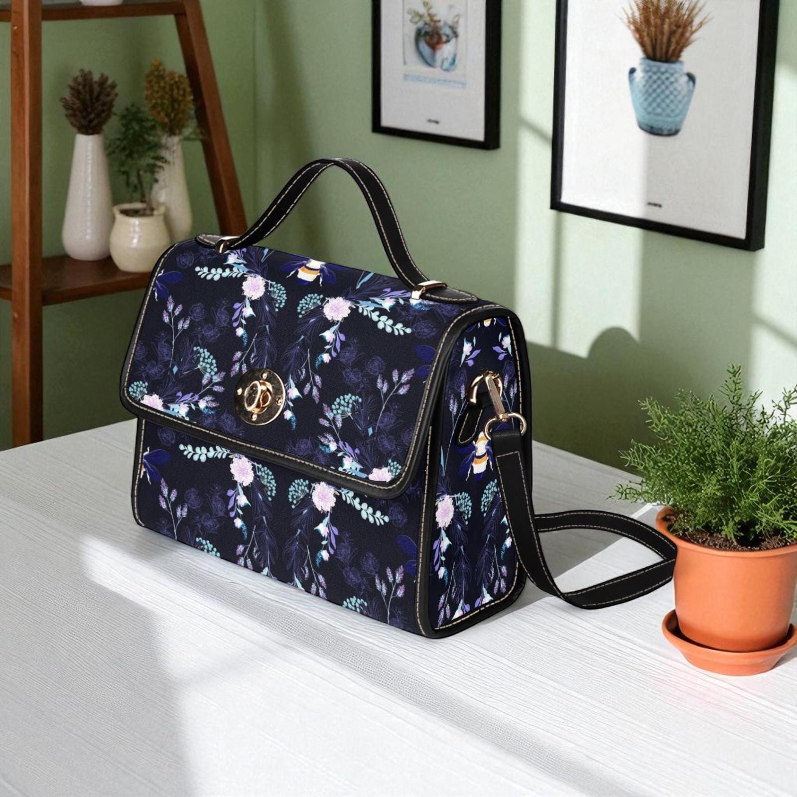 Bee Crossbody Purse, Night Garden Handbag, Dark Floral Statement Bag