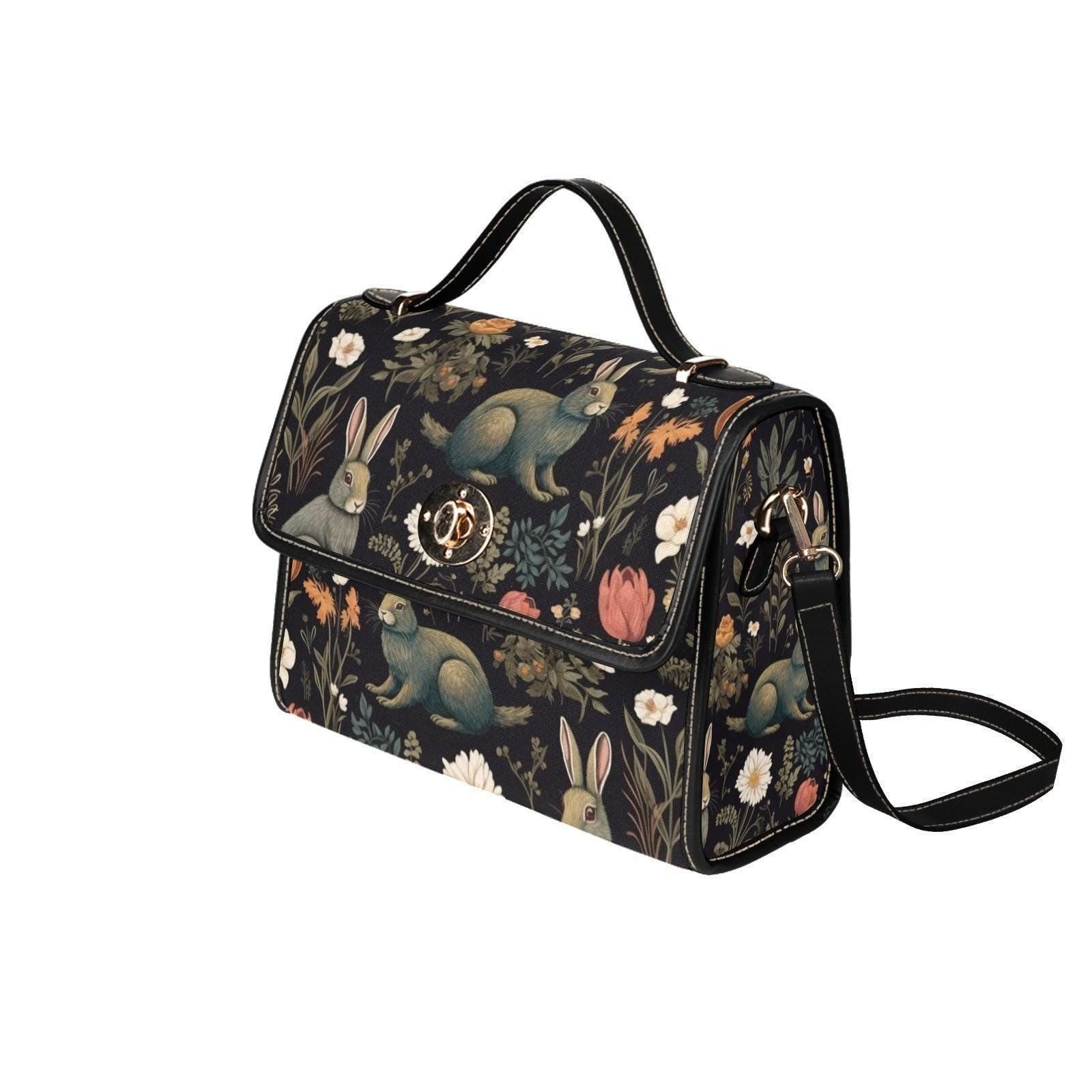 Rabbit and Wildflower Field Handbag, Cottagecore Crossbody, Enchanted Forest Purse, Spring Floral Bag