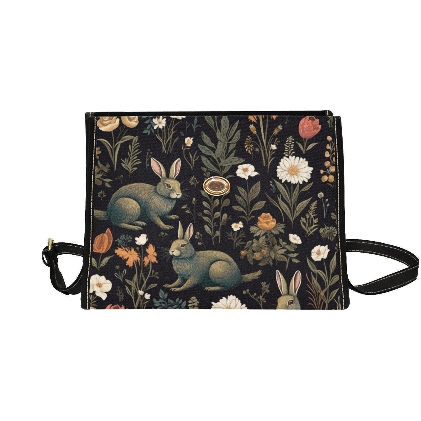 Rabbit and Wildflower Field Handbag, Cottagecore Crossbody, Enchanted Forest Purse, Spring Floral Bag