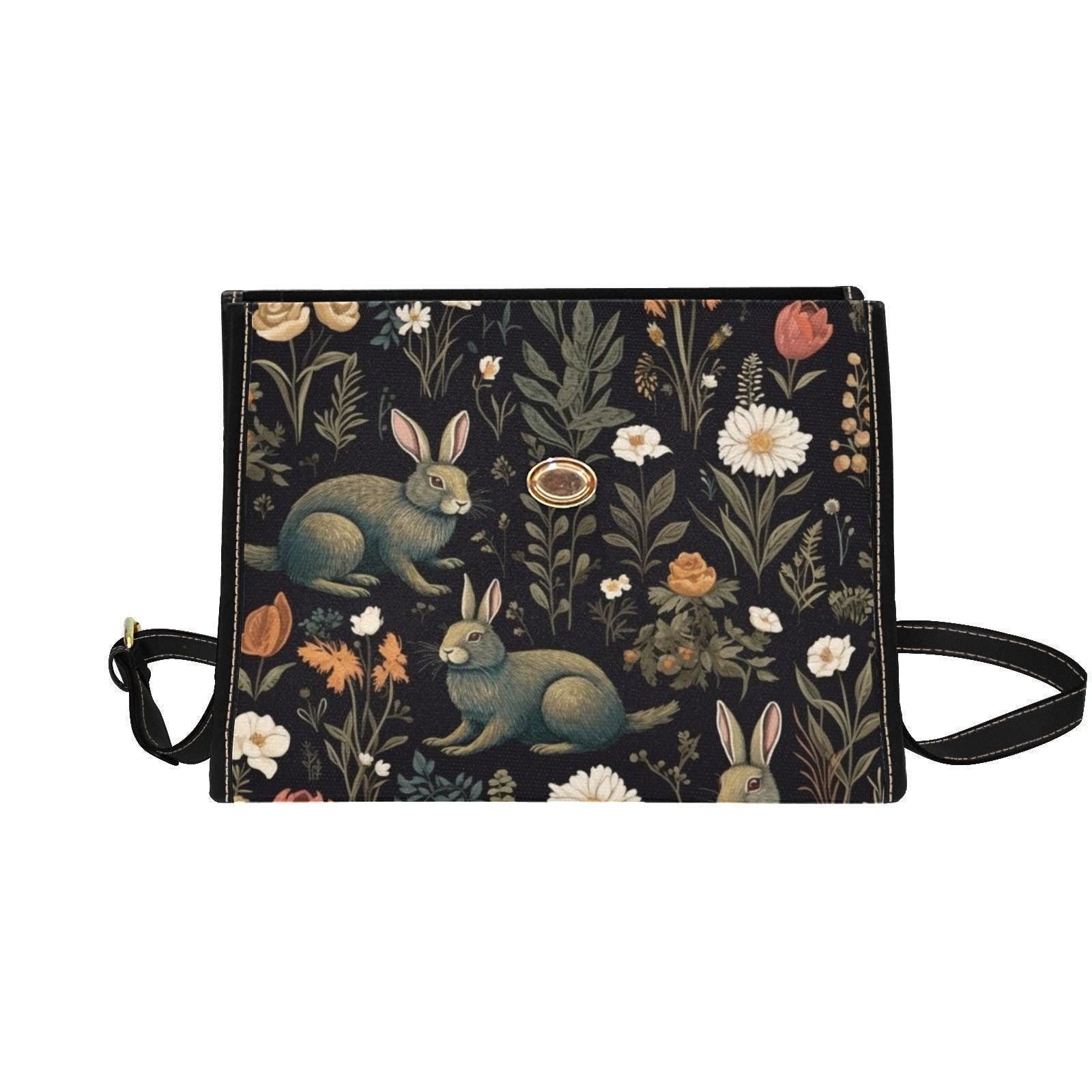 Rabbit and Wildflower Field Handbag, Cottagecore Crossbody, Enchanted Forest Purse, Spring Floral Bag