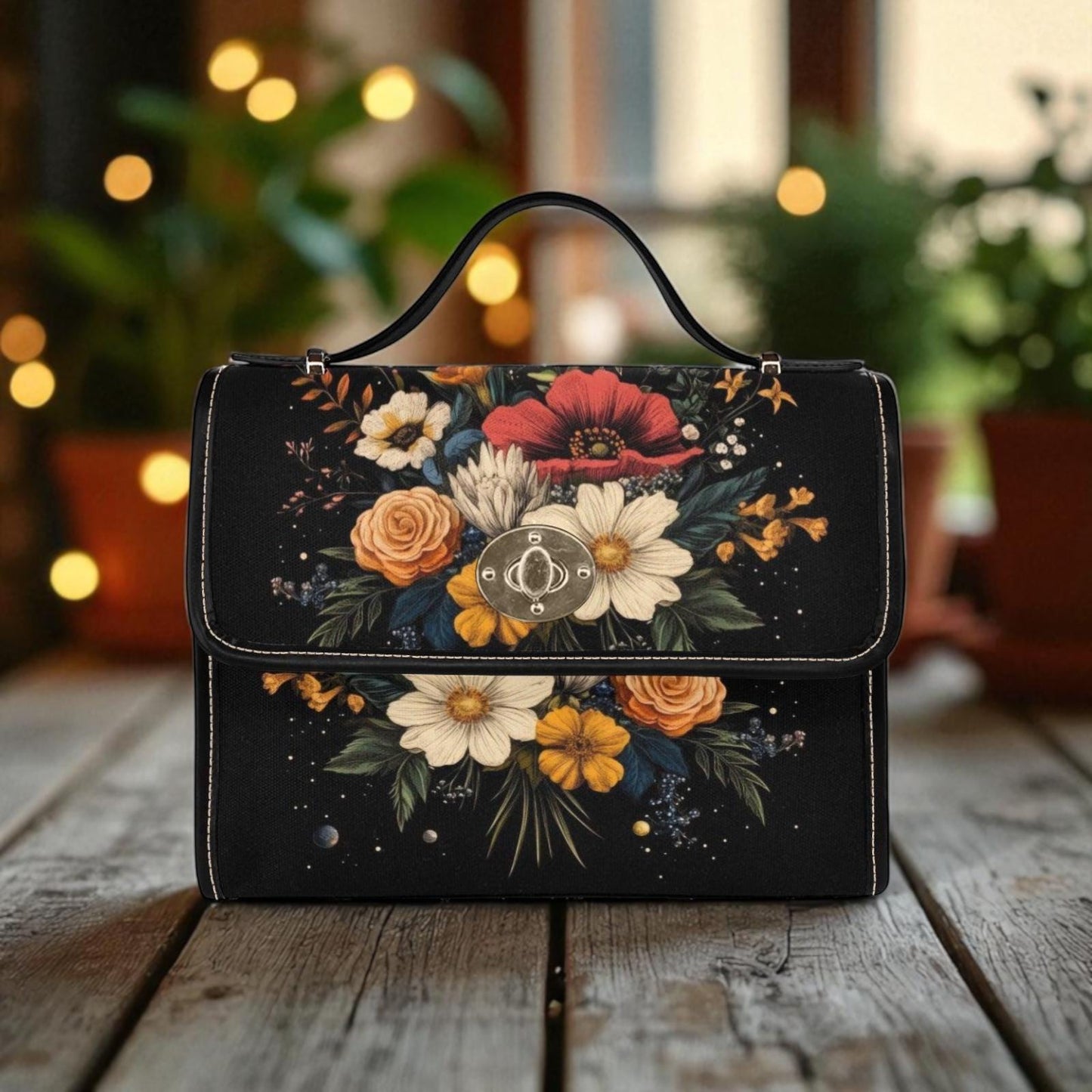 Botanical Midnight Garden Handbag – Dark Bouquet Print