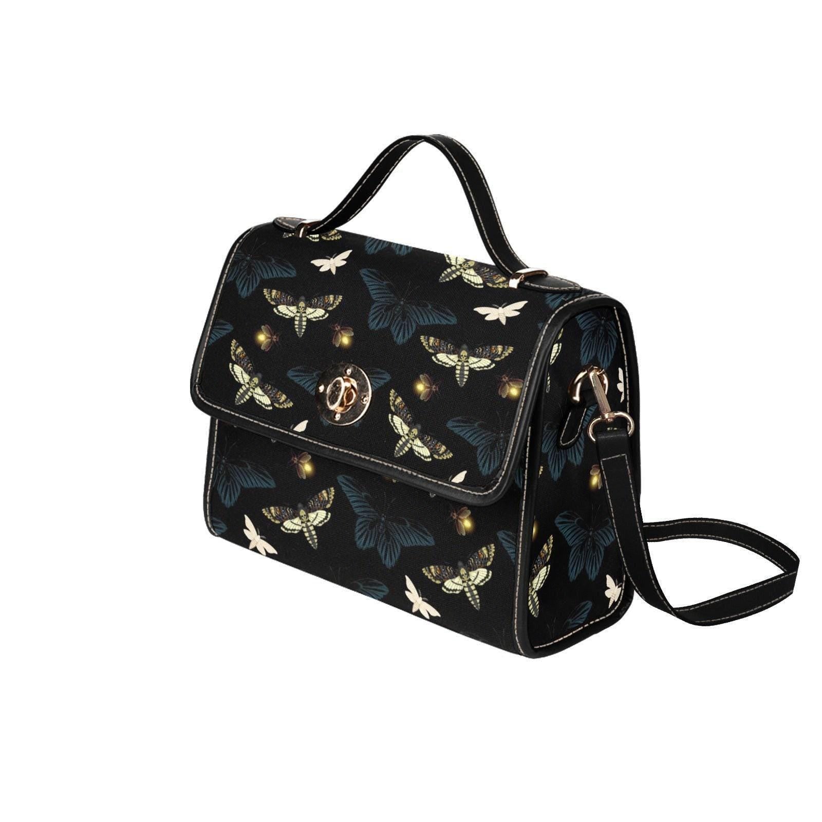 Moth and Firefly Crossbody Bag, Cottagecore Vegan Leather Purse, Whimsical Bug Insect Print Gift