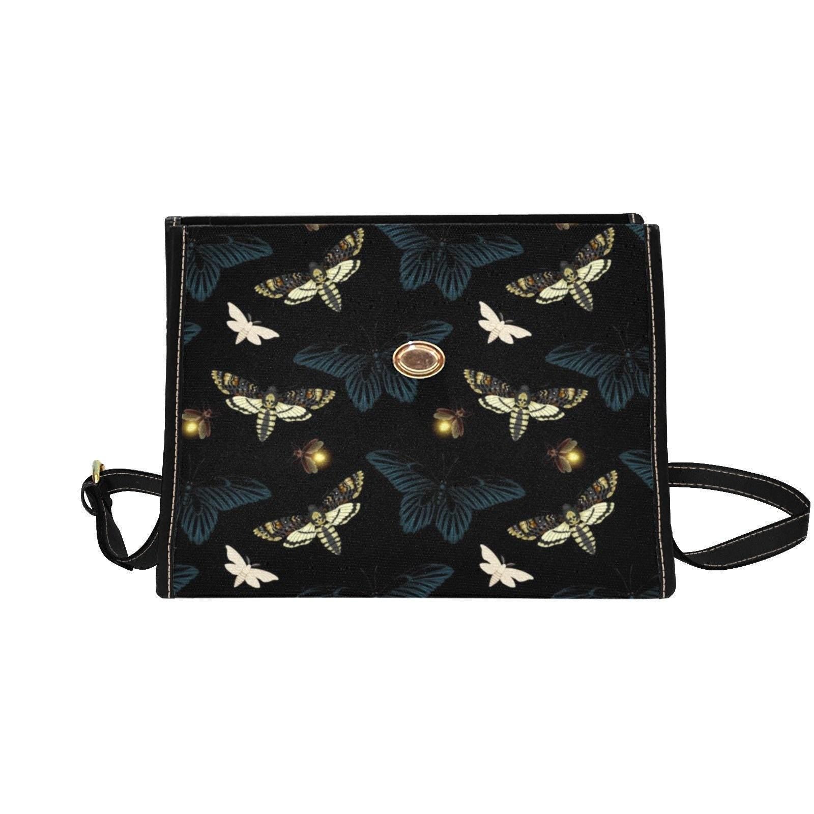 Moth and Firefly Crossbody Bag, Cottagecore Vegan Leather Purse, Whimsical Bug Insect Print Gift