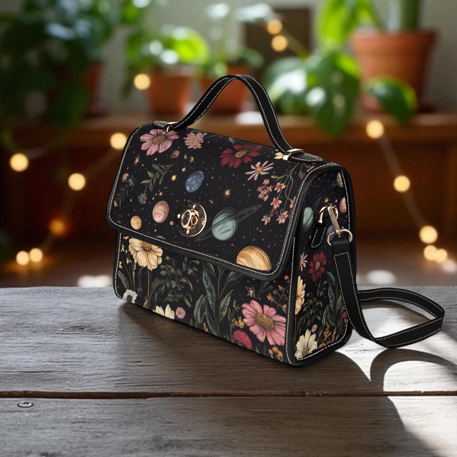Celestial planets and floral purse, cosmic garden handbag, witchy space bag, waterproof canvas tote
