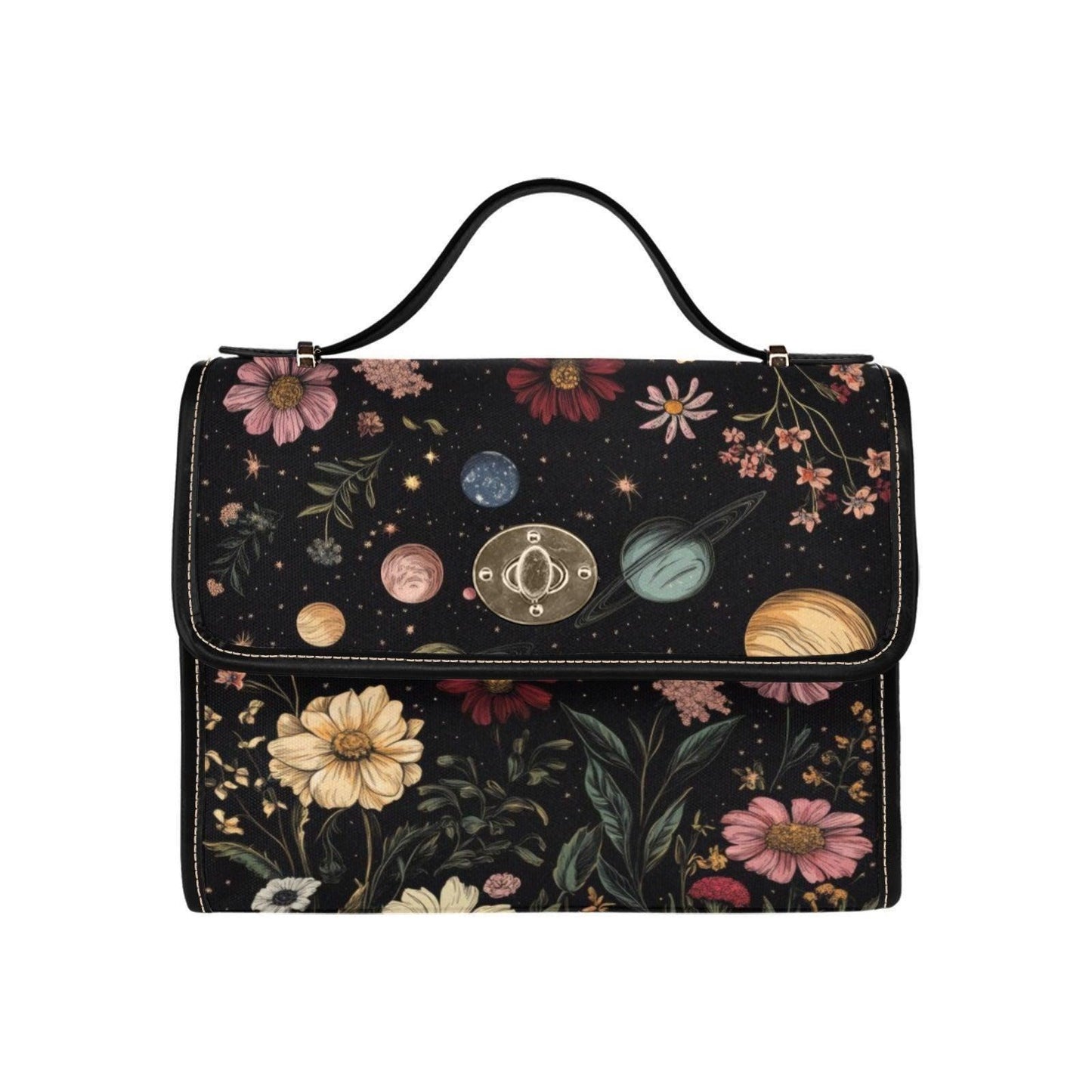 Celestial planets and floral purse, cosmic garden handbag, witchy space bag, waterproof canvas tote