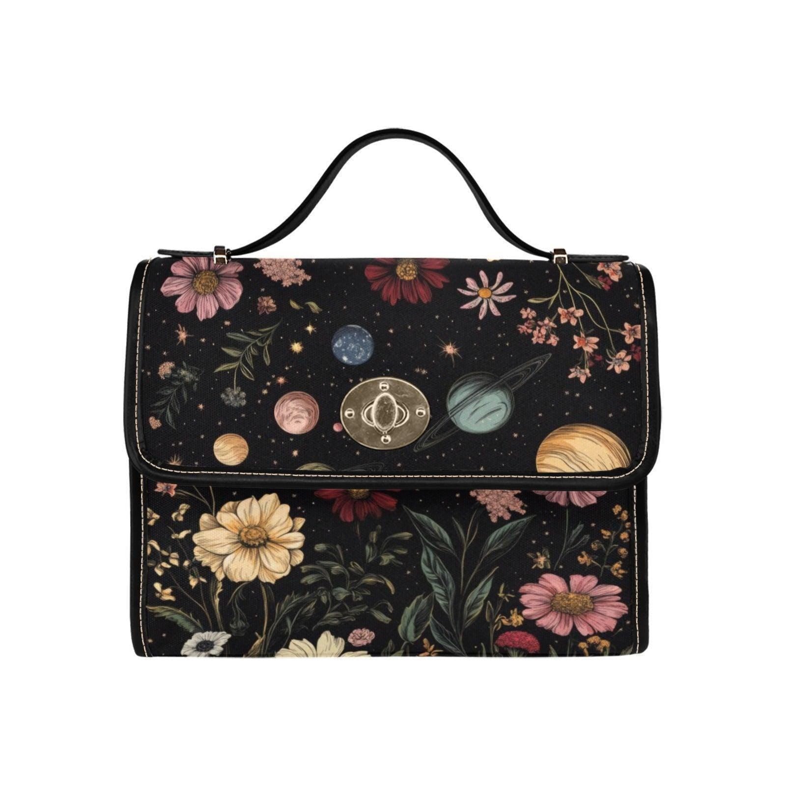 Celestial planets and floral purse, cosmic garden handbag, witchy space bag, waterproof canvas tote