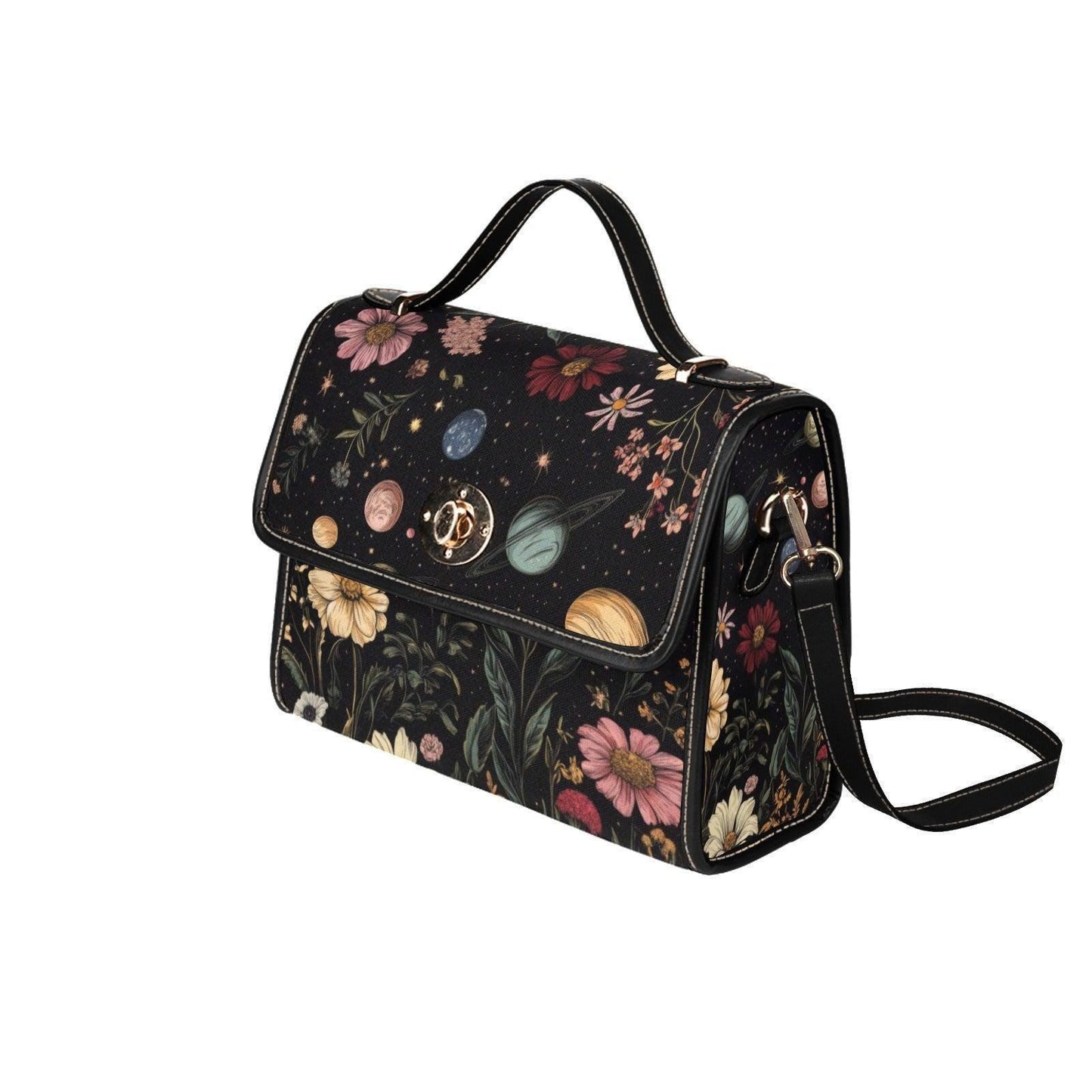 Celestial planets and floral purse, cosmic garden handbag, witchy space bag, waterproof canvas tote
