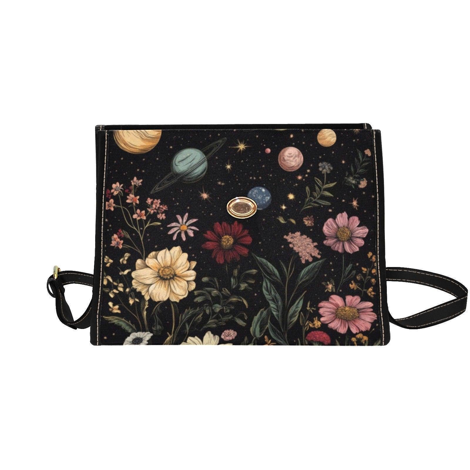 Celestial planets and floral purse, cosmic garden handbag, witchy space bag, waterproof canvas tote