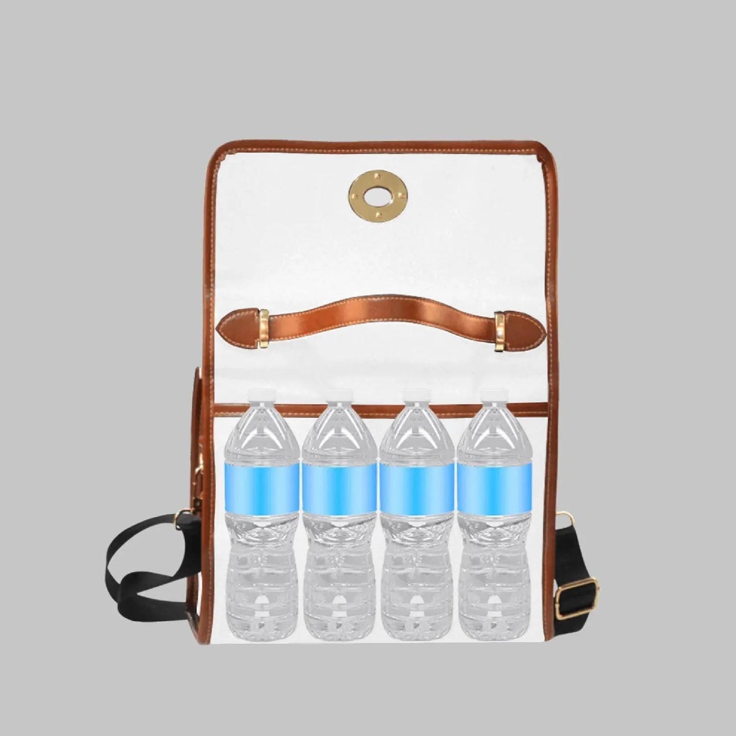 A white bag with a brown leather strap, designed to hold four clear plastic water bottles.