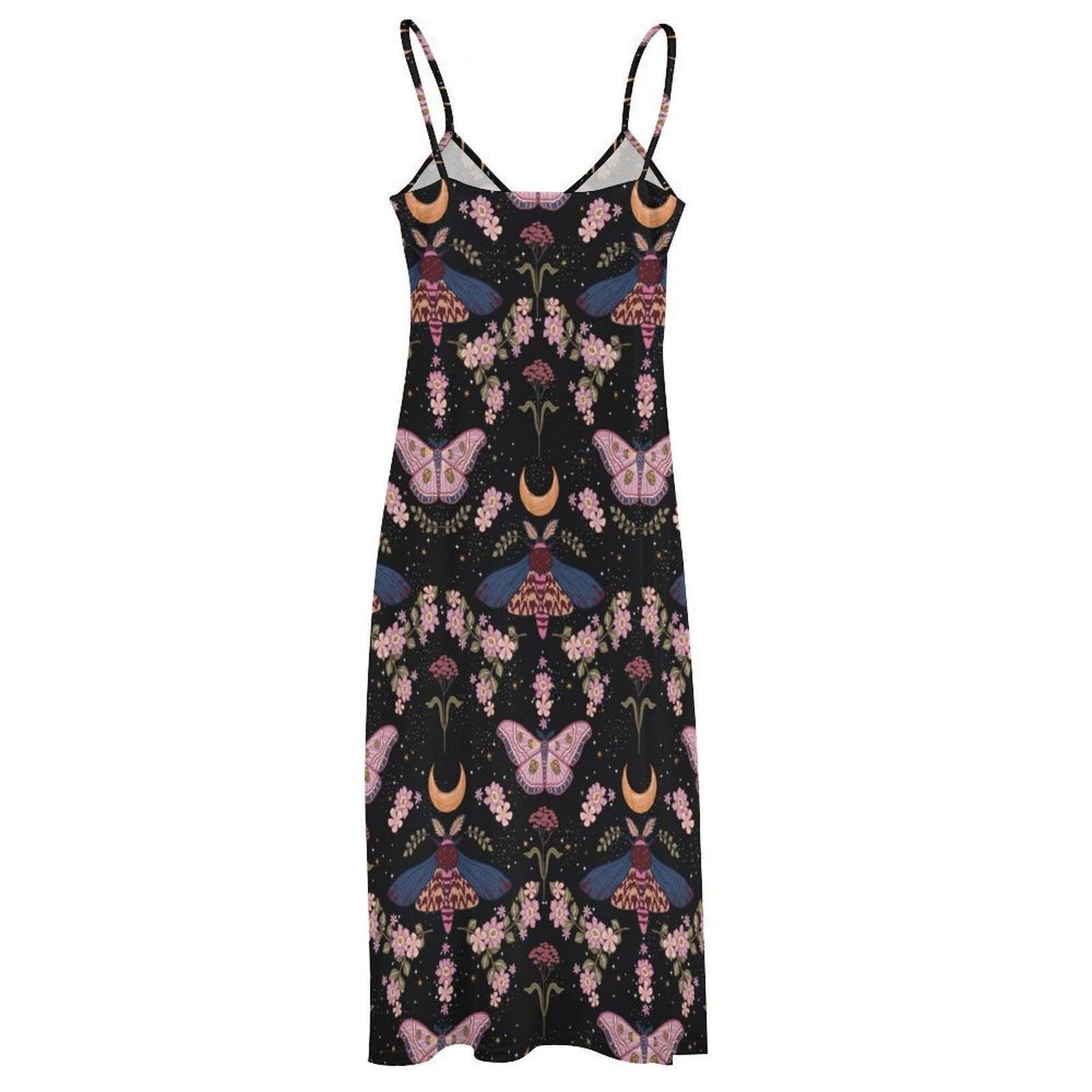 Moon Moth Floral Maxi Dress, Celestial Boho Butterfly Gown, Witchy Garden Outfit
