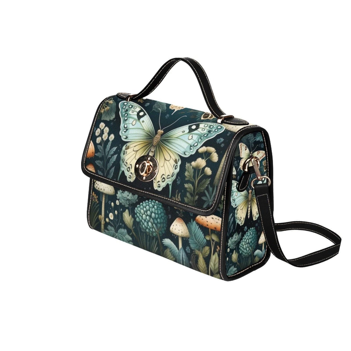 Mushroom Butterfly Shoulder Bag, Forestcore Satchel with Luna Moth Art, Fairycore Cottage Handbag, Whimsical Nature Print Purse Gift Idea