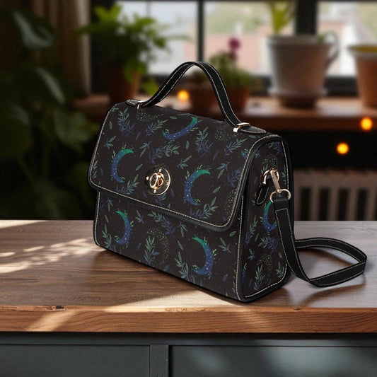 Celestial Crescent Moon & Vine Handbag – Night Forest Print