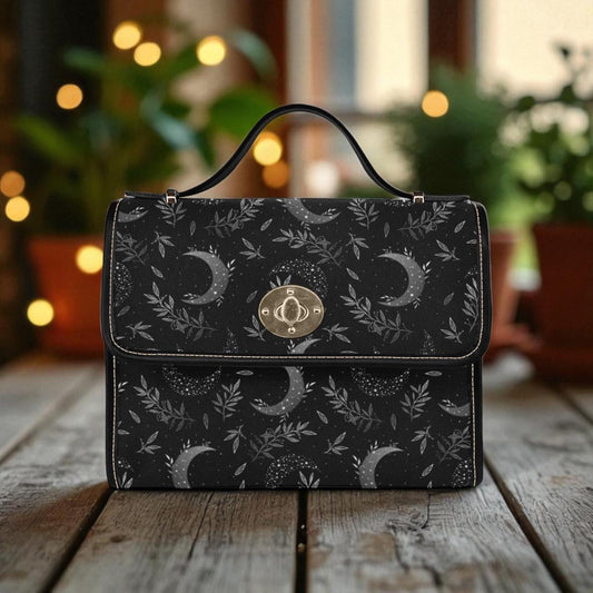 Moon Witch Canvas Bag, Witchy Celestial Purse, Cute Cottagecore Witch Canvas Satchel Bag, Black eco goth satchel, Cottage Core Purse