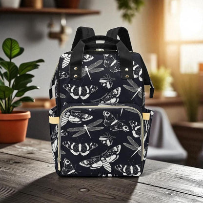Black & White Moths Backpack, Witchy Diaper Bag, Enchanted School Satchel, Mystical Tote