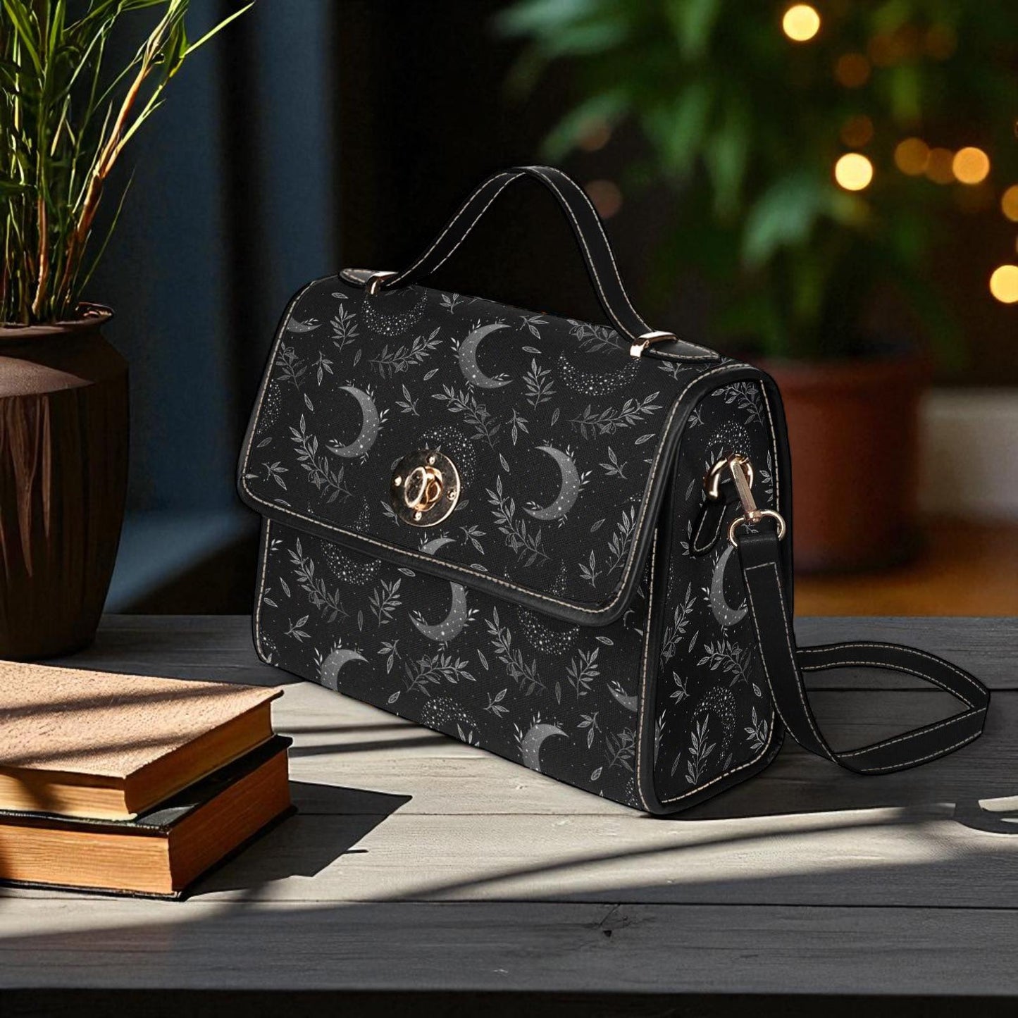 Moon Witch Canvas Bag, Witchy Celestial Purse, Cute Cottagecore Witch Canvas Satchel Bag, Black eco goth satchel, Cottage Core Purse