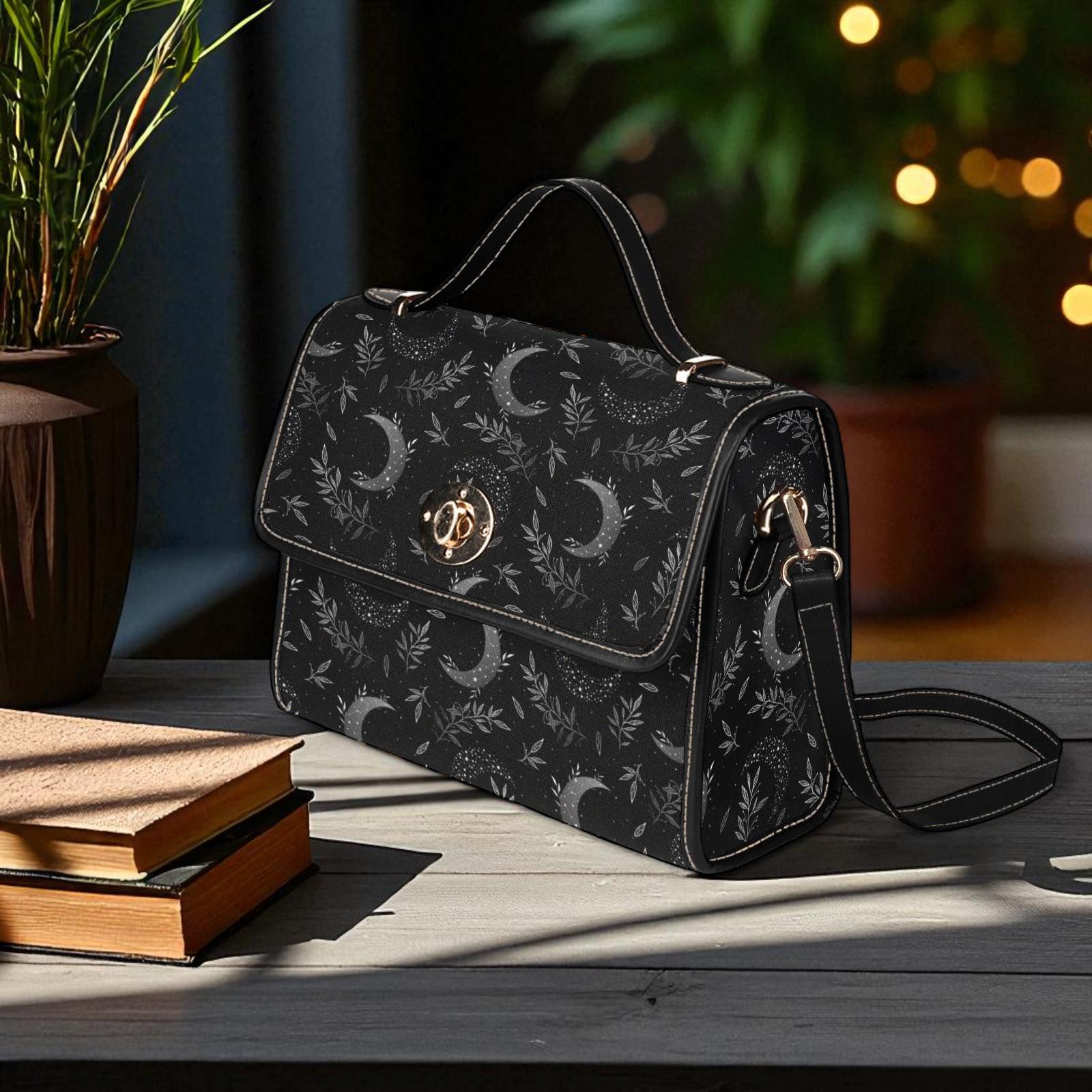 Moon Witch Canvas Bag, Witchy Celestial Purse, Cute Cottagecore Witch Canvas Satchel Bag, Black eco goth satchel, Cottage Core Purse