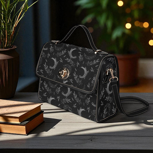 Moon Witch Canvas Bag, Witchy Celestial Purse, Cute Cottagecore Witch Canvas Satchel Bag, Black eco goth satchel, Cottage Core Purse