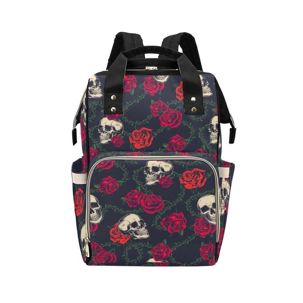 Skull Rose Diaper Bag Backpack with Dark Floral Print for Edgy Moms