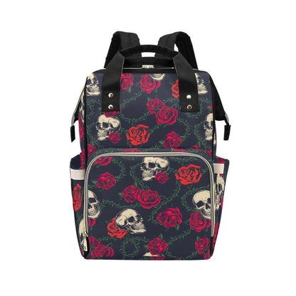 Skull Rose Diaper Bag Backpack with Dark Floral Print for Edgy Moms