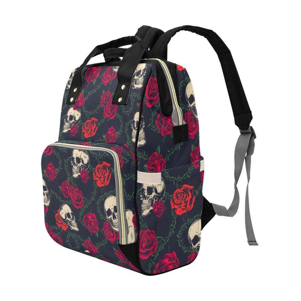 Skull Rose Diaper Bag Backpack with Dark Floral Print for Edgy Moms