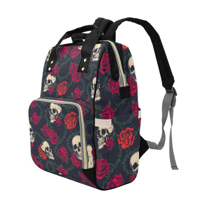 Skull Rose Diaper Bag Backpack with Dark Floral Print for Edgy Moms