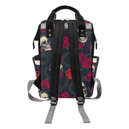 Skull Rose Diaper Bag Backpack with Dark Floral Print for Edgy Moms