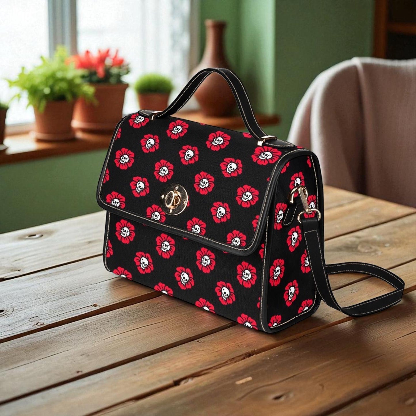 Red Poppy Skull Satchel, Gothic Floral Crossbody Bag, Waterproof Canvas with Vegan Leather Straps