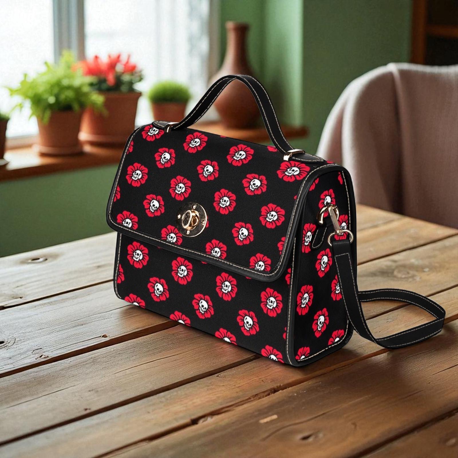 Red Poppy Skull Satchel, Gothic Floral Crossbody Bag, Waterproof Canvas with Vegan Leather Straps