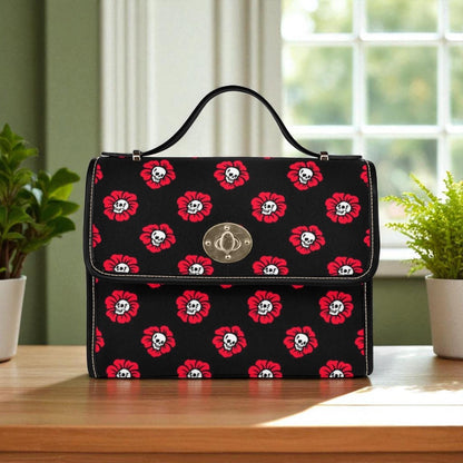 Red Poppy Skull Satchel, Gothic Floral Crossbody Bag, Waterproof Canvas with Vegan Leather Straps