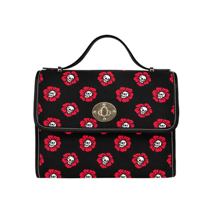 Red Poppy Skull Satchel, Gothic Floral Crossbody Bag, Waterproof Canvas with Vegan Leather Straps