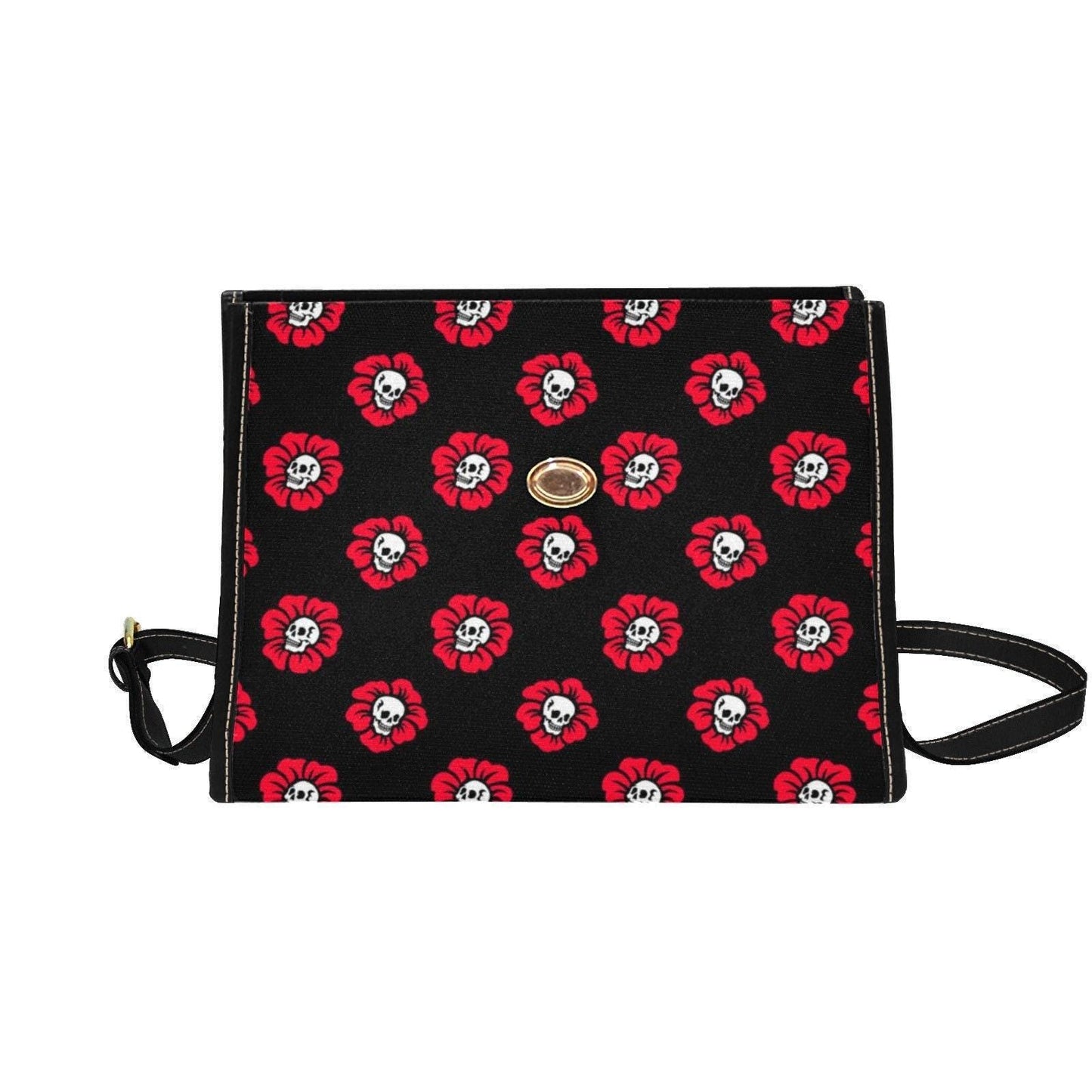 Red Poppy Skull Satchel, Gothic Floral Crossbody Bag, Waterproof Canvas with Vegan Leather Straps