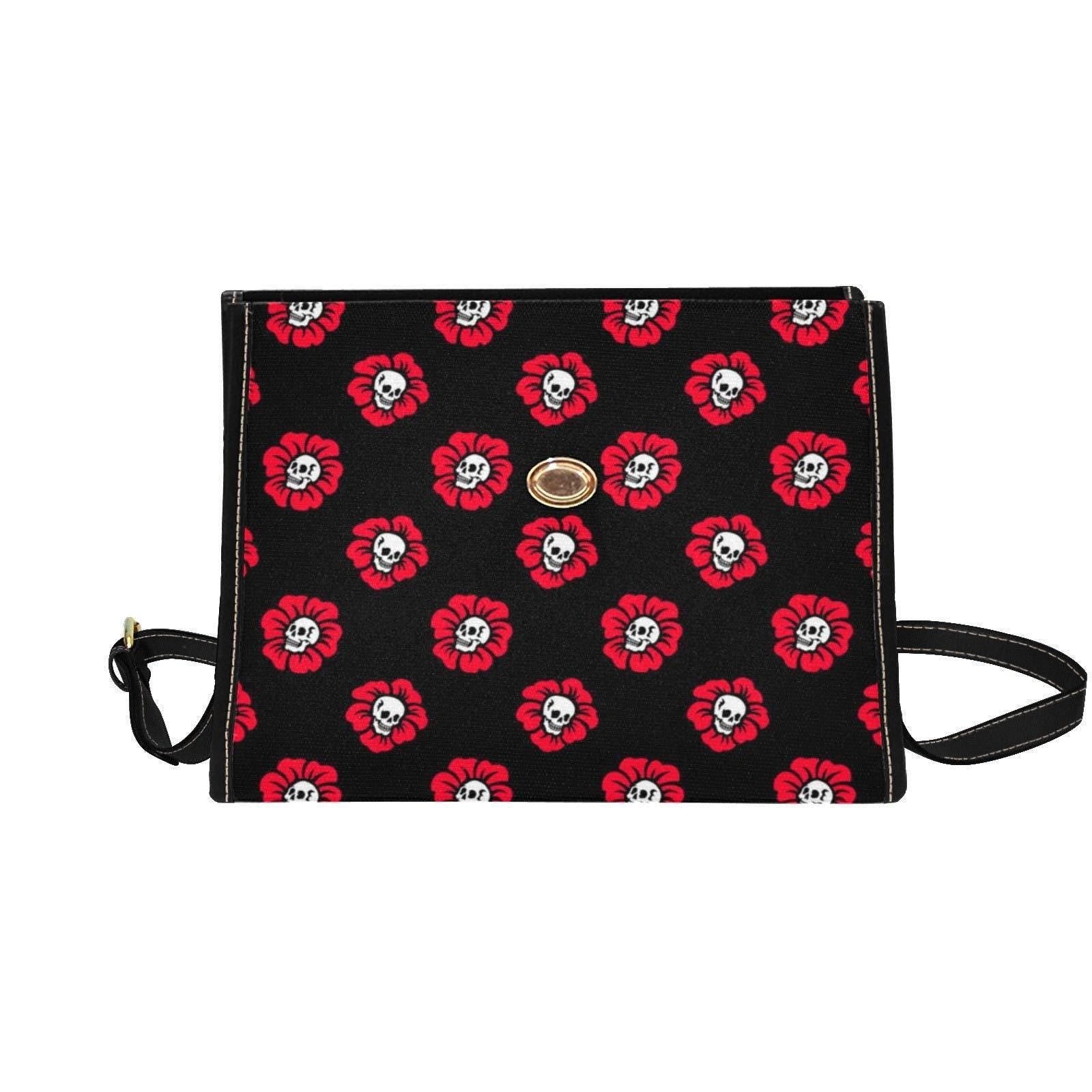 Red Poppy Skull Satchel, Gothic Floral Crossbody Bag, Waterproof Canvas with Vegan Leather Straps