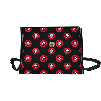 Red Poppy Skull Satchel, Gothic Floral Crossbody Bag, Waterproof Canvas with Vegan Leather Straps