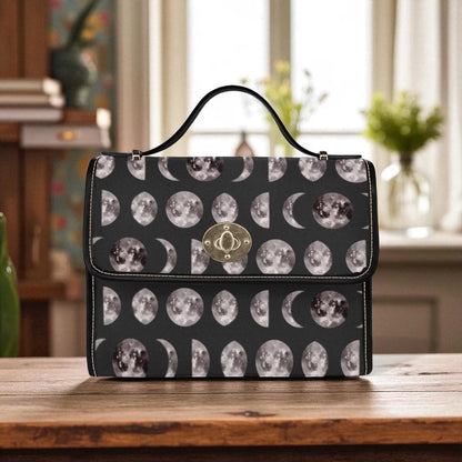 Moon Phases Print Crossbody Bag, Gothic Celestial Satchel, Witchy Lunar Purse for Night Owls