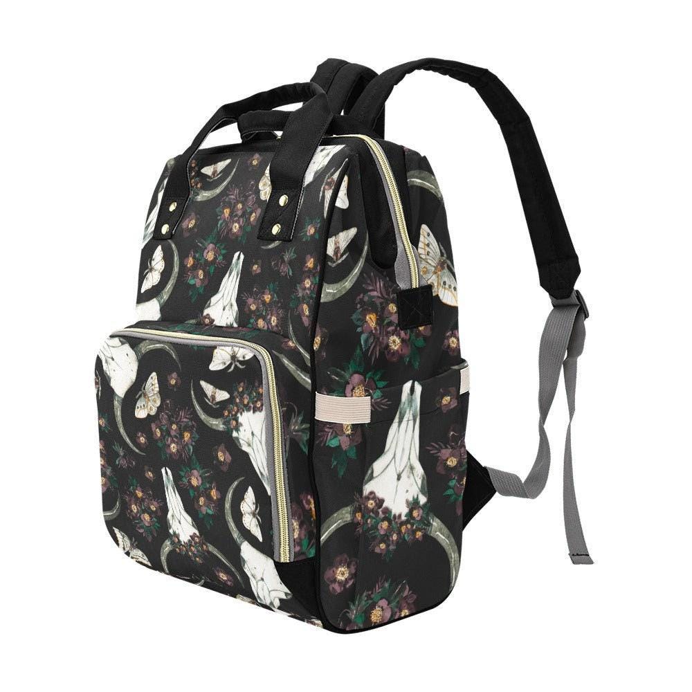 Skull floral backpack, witchy diaper bag, mystical baby travel bag, dark academia mom purse