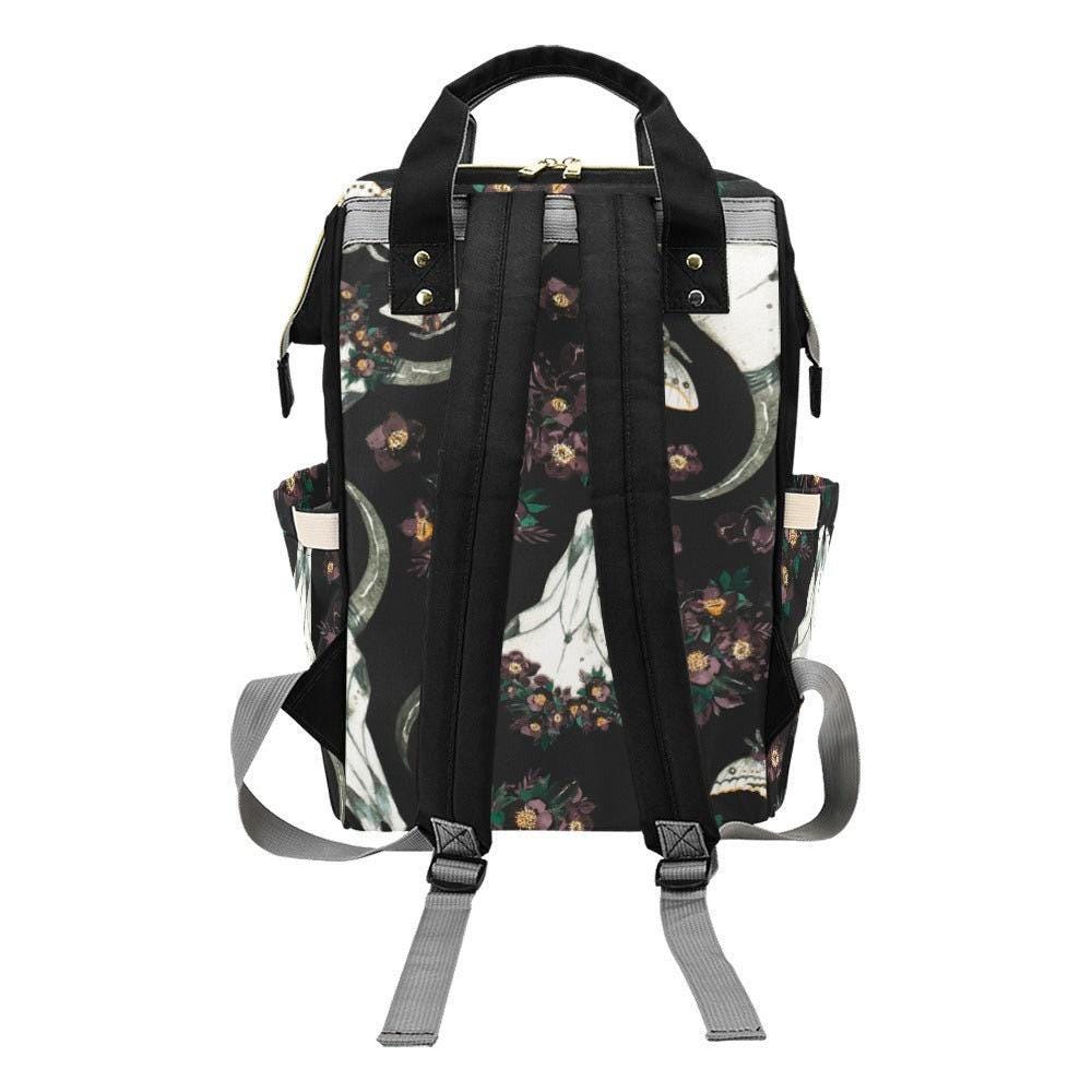 Skull floral backpack, witchy diaper bag, mystical baby travel bag, dark academia mom purse