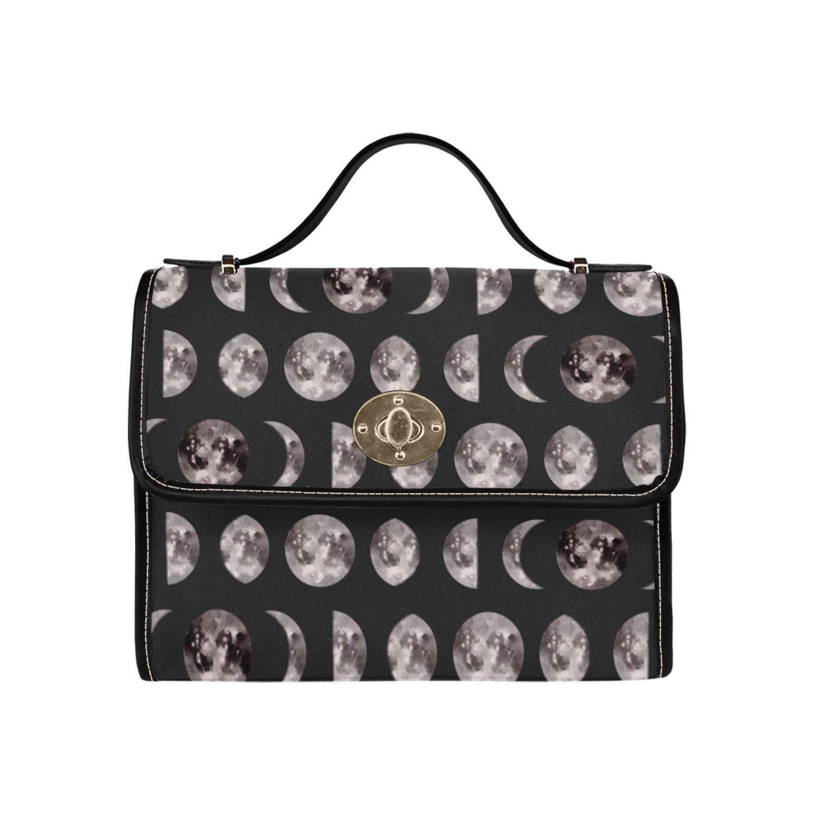 Moon Phases Print Crossbody Bag, Gothic Celestial Satchel, Witchy Lunar Purse for Night Owls