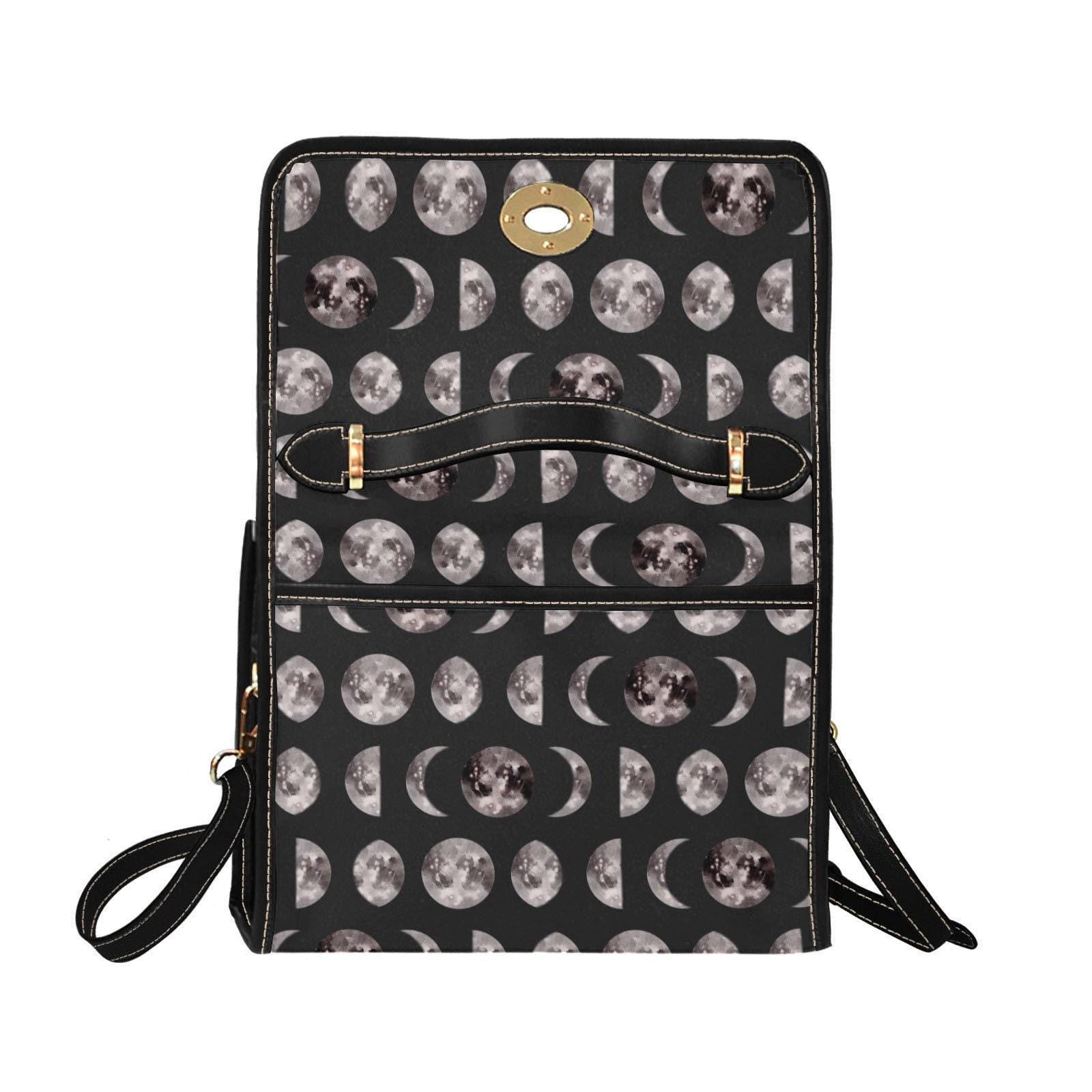 Moon Phases Print Crossbody Bag, Gothic Celestial Satchel, Witchy Lunar Purse for Night Owls