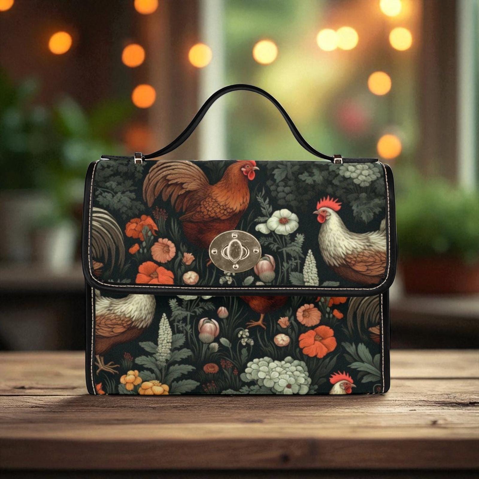 Rooster & Hen Garden Handbag – Rustic Countryside Farmhouse bag