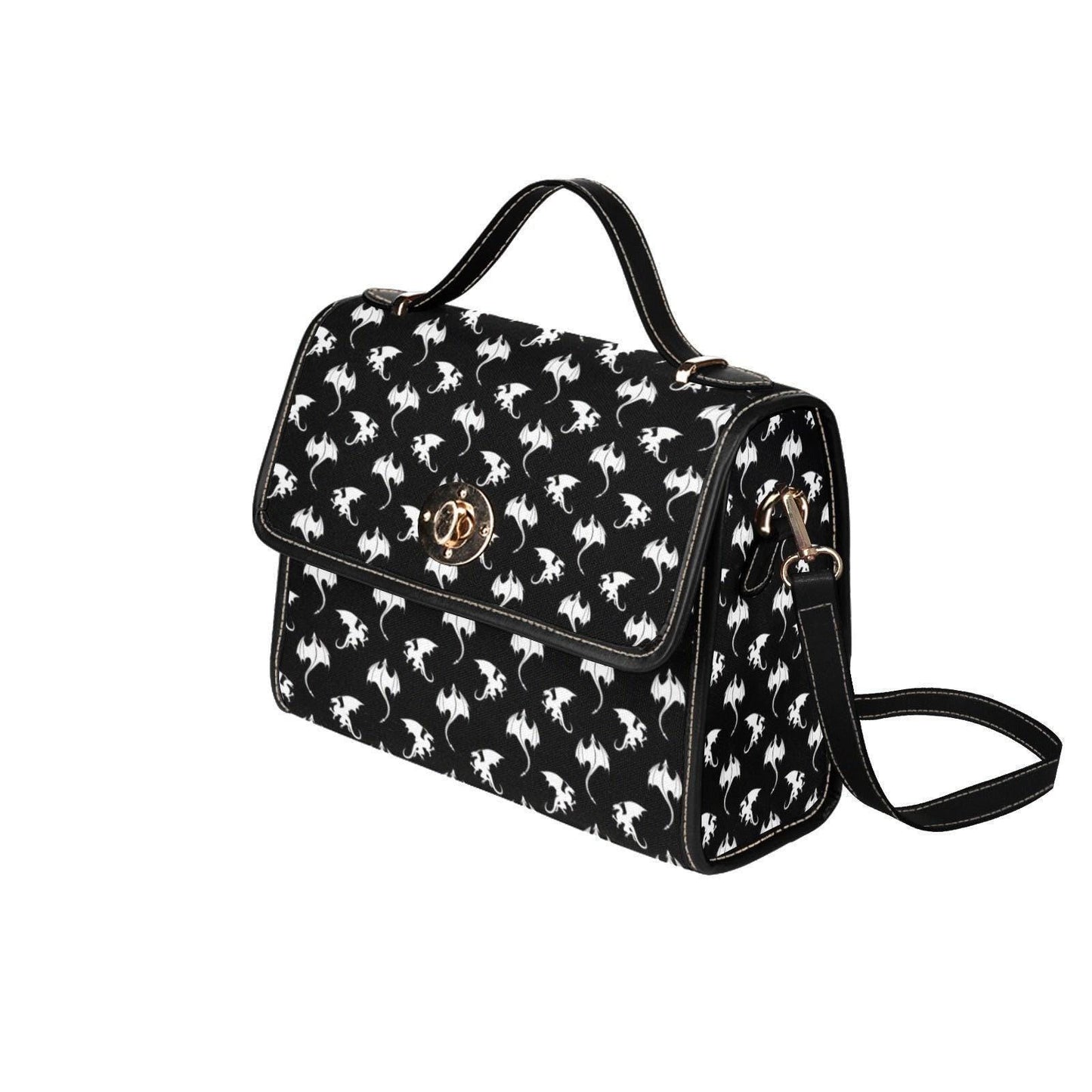 Dragon Print Crossbody Purse, Gothic Top Handle Handbag, Black Fantasy Satchel Bag