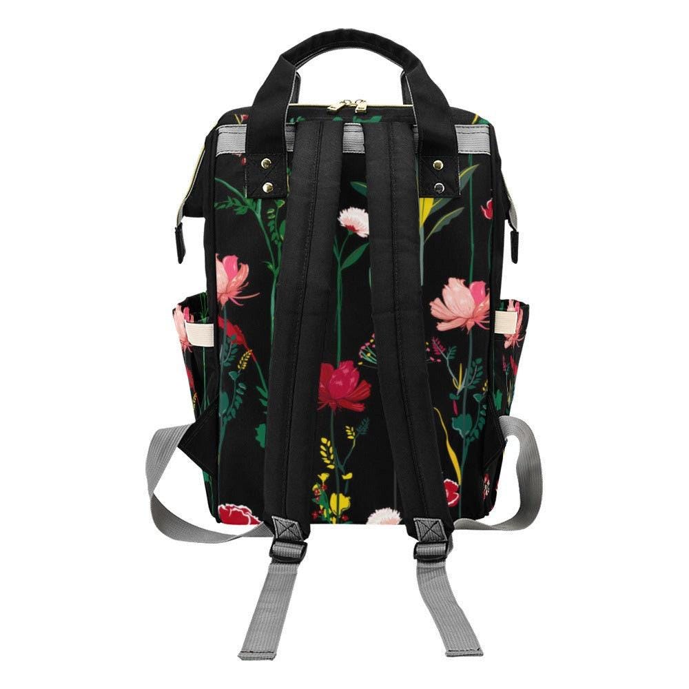 Floral Diaper Bag Backpack, Black Baby Travel Bag, Mom Backpack, Nursery Organizer
