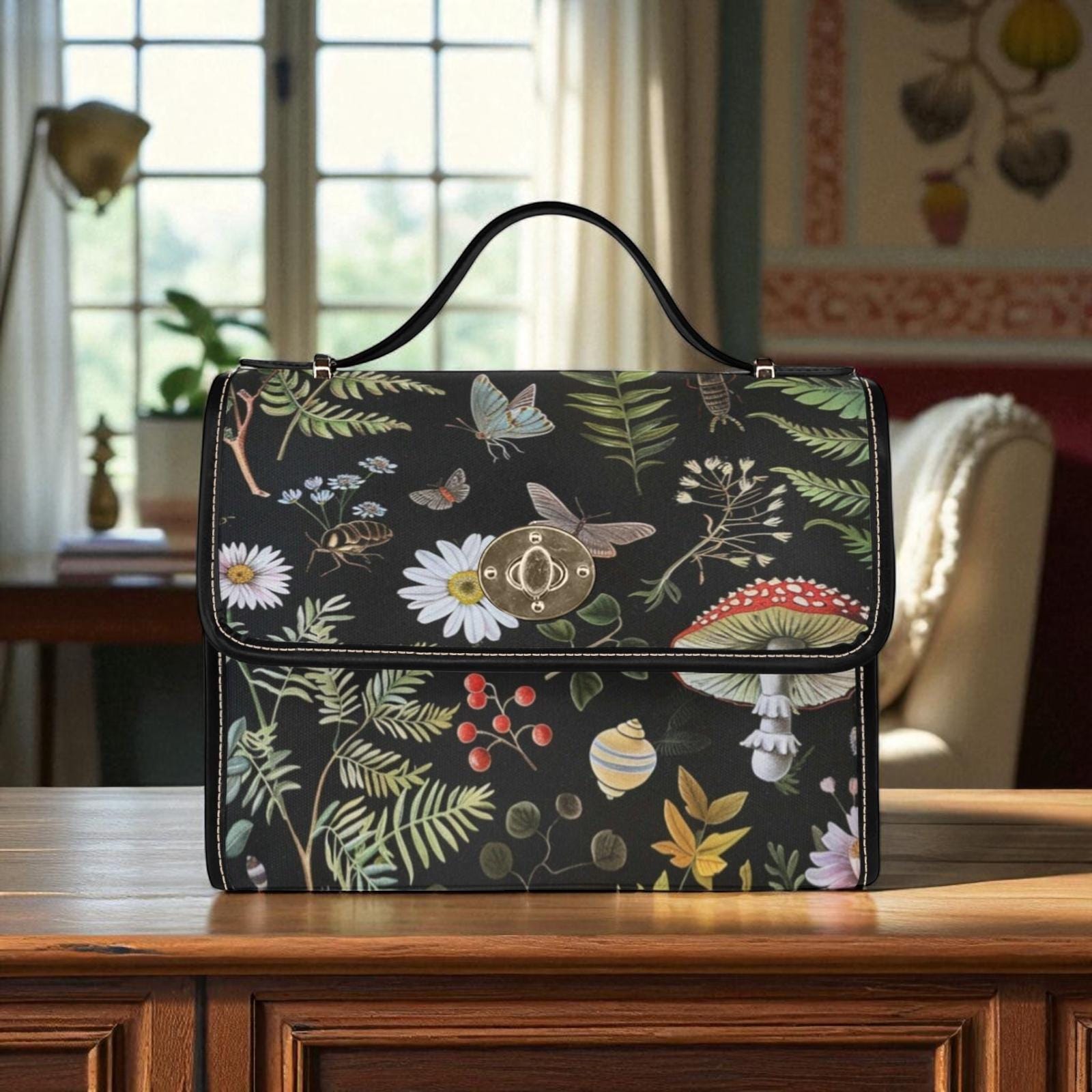 Moth Forest Bag, Dark Academia Botanical Purse, Witchy Mushroom Print Satchel, Cottagecore Fern Tote, Mystic Goth Nature Lover Handbag