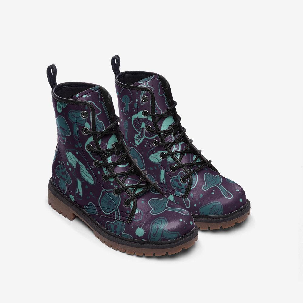 Goblincore Mushroom Combat Boots, Vegan Woodland Festival Shoes, Eco-Friendly Gothic Footwear