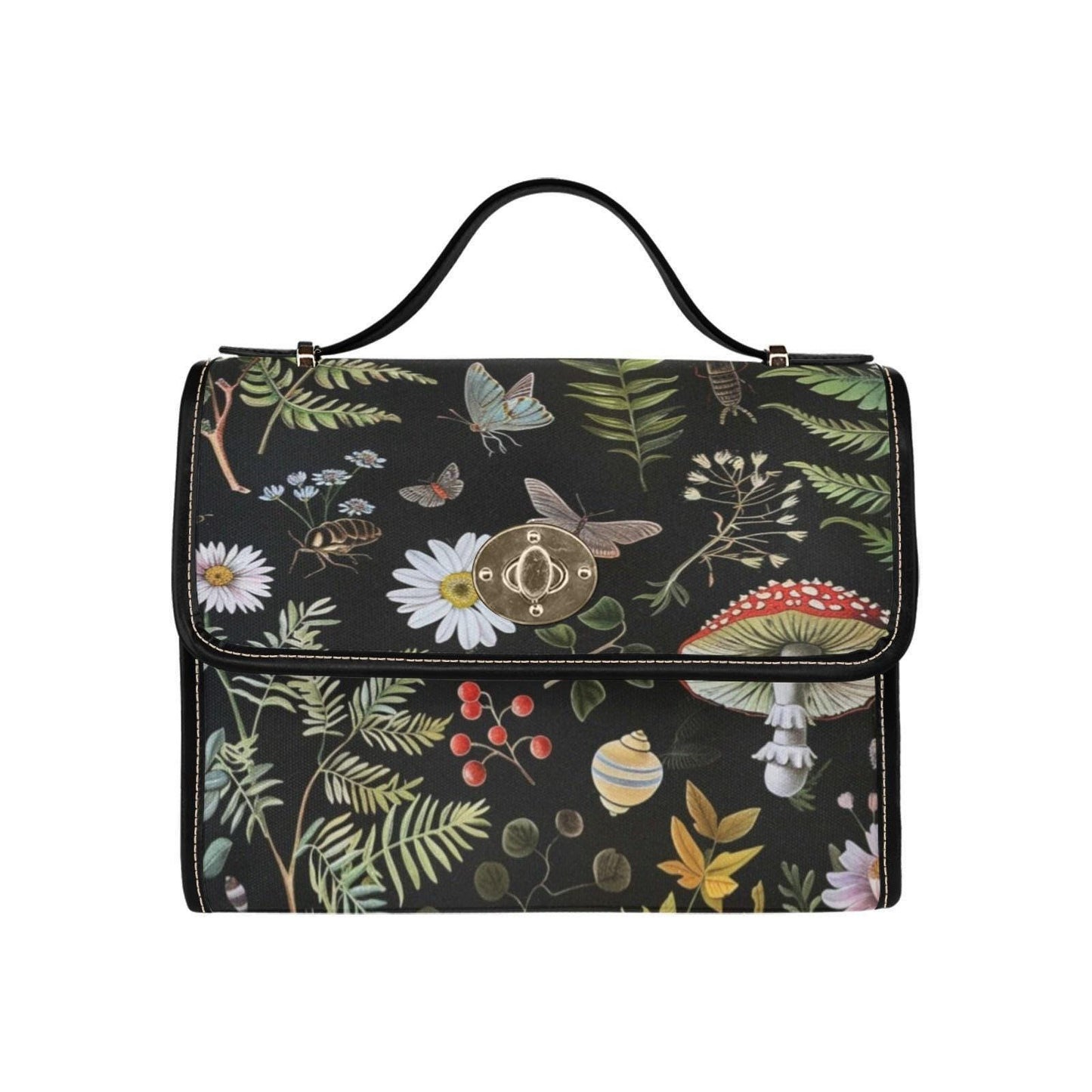Moth Forest Bag, Dark Academia Botanical Purse, Witchy Mushroom Print Satchel, Cottagecore Fern Tote, Mystic Goth Nature Lover Handbag