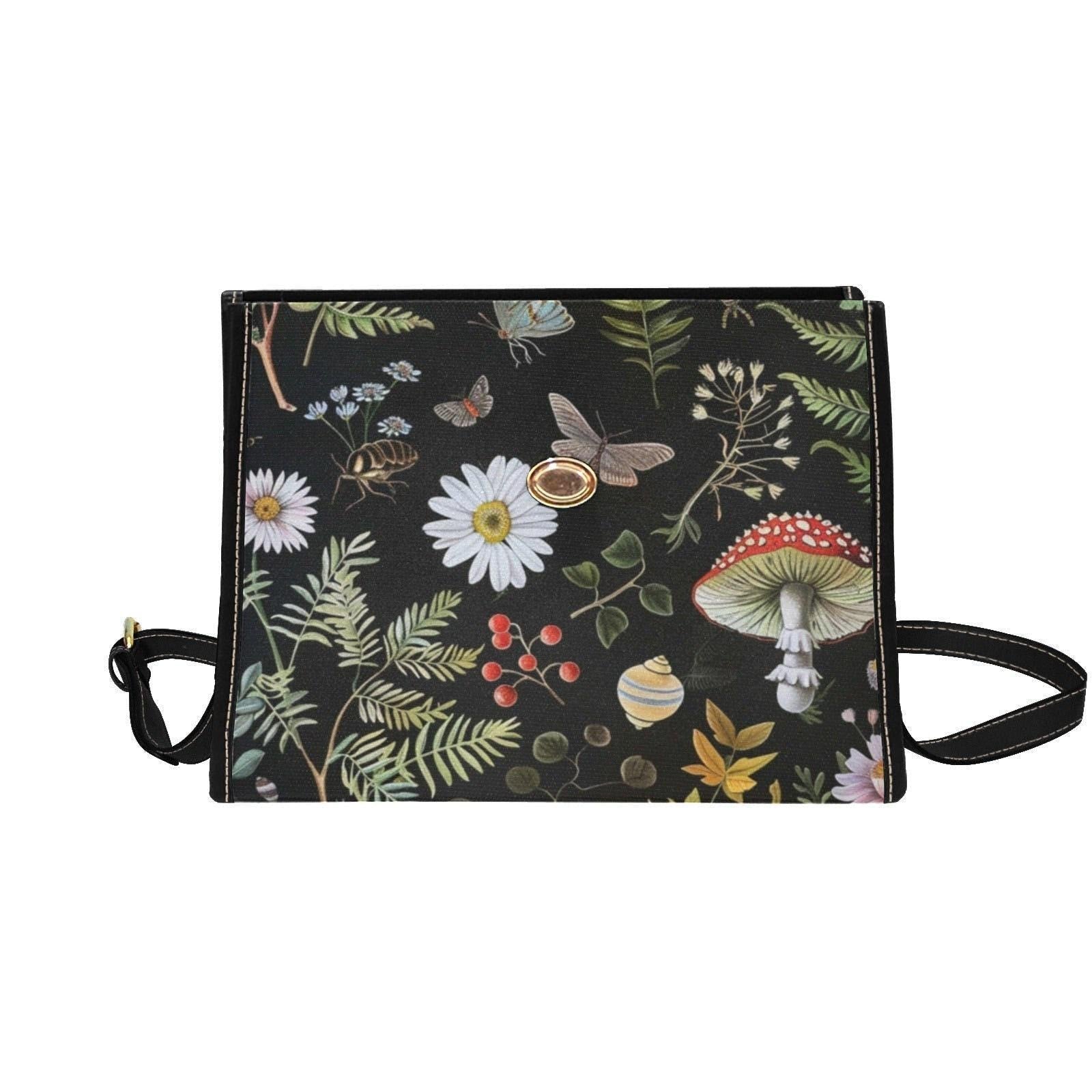 Moth Forest Bag, Dark Academia Botanical Purse, Witchy Mushroom Print Satchel, Cottagecore Fern Tote, Mystic Goth Nature Lover Handbag