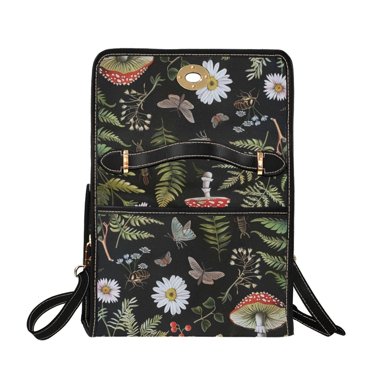 Moth Forest Bag, Dark Academia Botanical Purse, Witchy Mushroom Print Satchel, Cottagecore Fern Tote, Mystic Goth Nature Lover Handbag