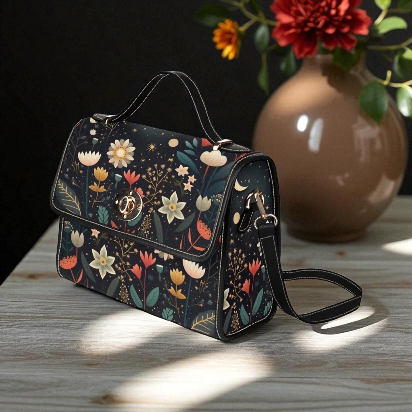 Floral night sky handbag, celestial garden purse, enchanted flower print bag, whimsical botanical shoulder bag, starry bloom crossbody